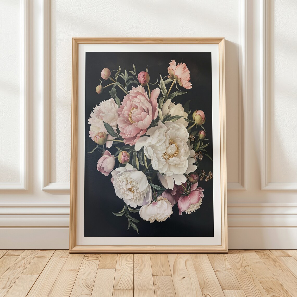 Pink and White Peonies Bouquet on Black Moody Floral Still Life Poster - Image 3