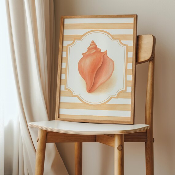 Orange Conch Seashell Watercolor Print on Tan Stripes Coastal Nursery Decor