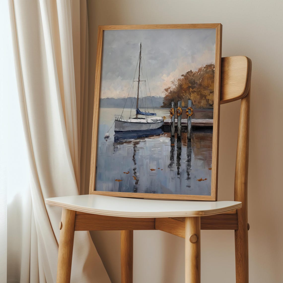 Fall Boat Dock Print Autumn Lake Coastal Art