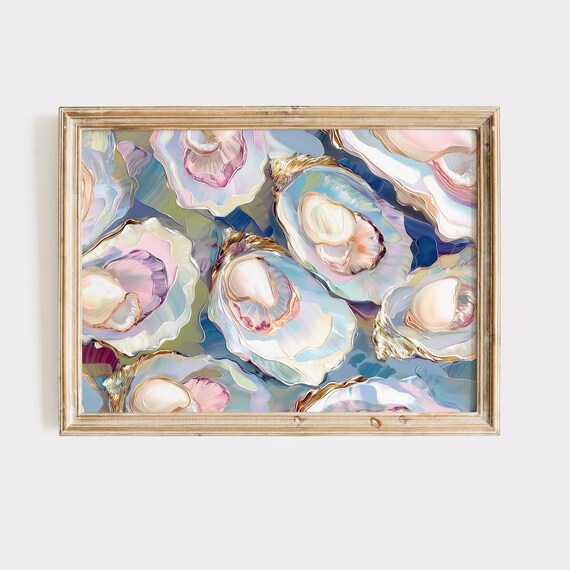 Iridescent Oyster Shells in Pastel Blue Pink Gold Coastal Poster