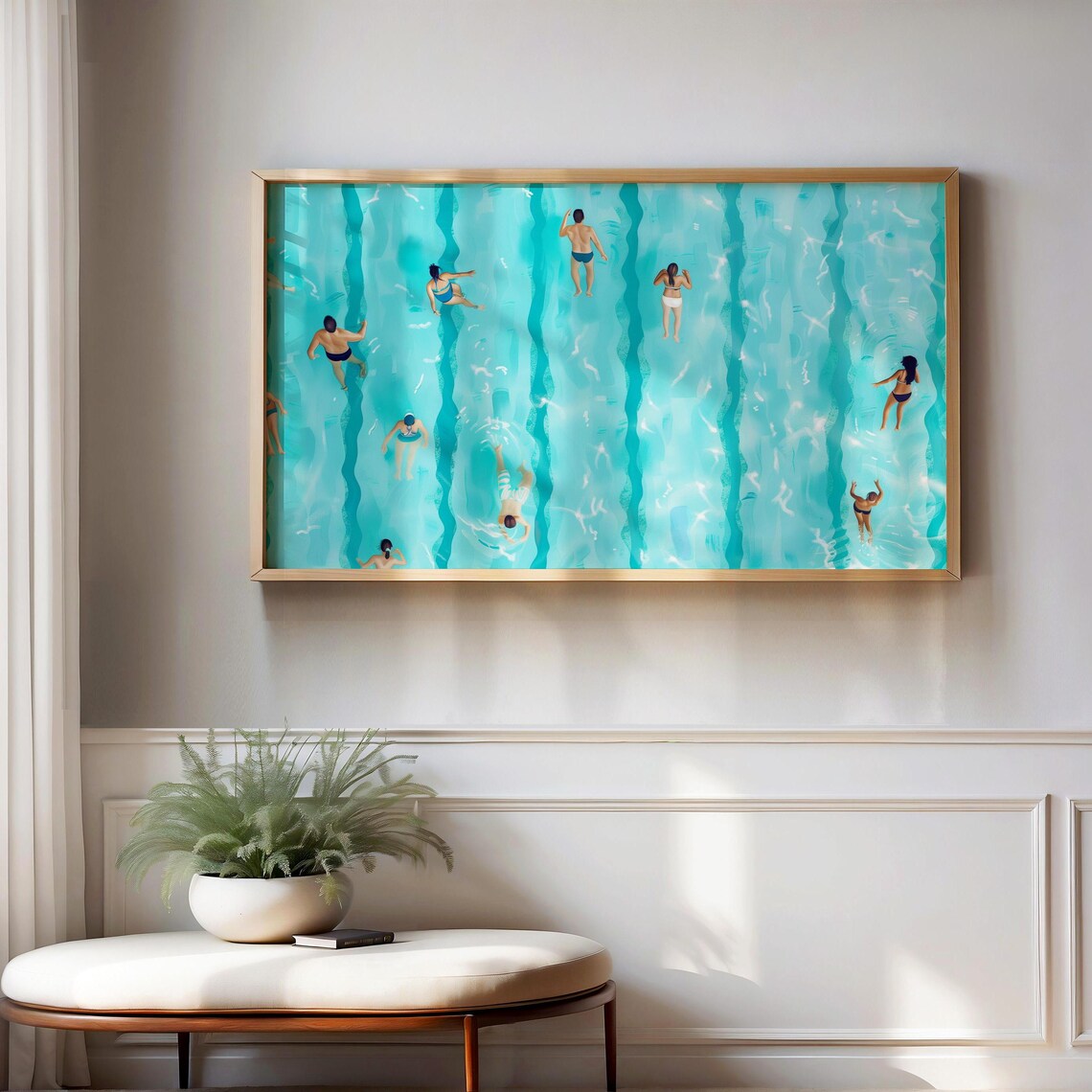Aerial View of Swimmers Gliding in Turquoise Pool Lanes Poster