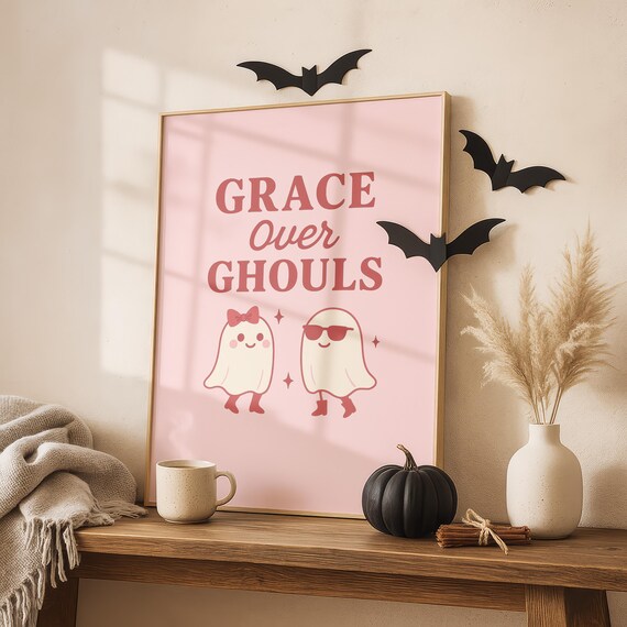 Grace Over Ghouls Pink Halloween Poster With Two Cute Ghost Friends Art