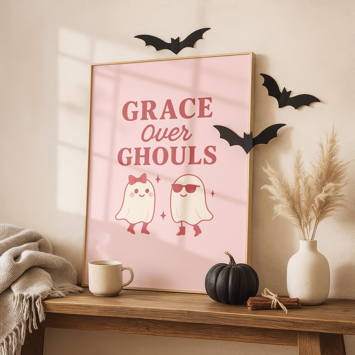 Grace Over Ghouls Pink Halloween Poster With Two Cute Ghost Friends Art