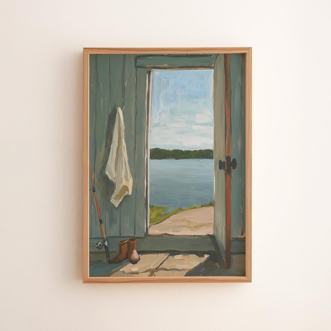 Rustic Cabin Door Opening to a Lake View Vintage Fishing Wall Art
