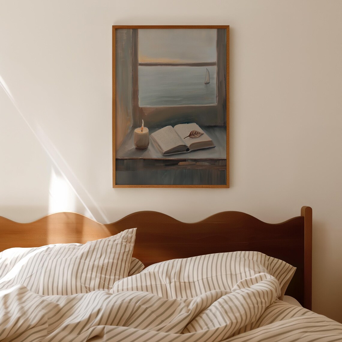 Cozy Coastal Windowsill Open Book Candle Sailboat Sea View Poster