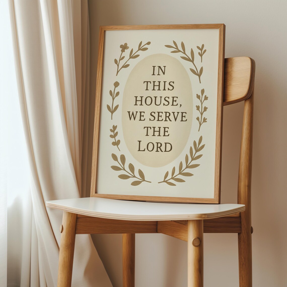 In This House We Serve the Lord Beige Floral Christian Poster