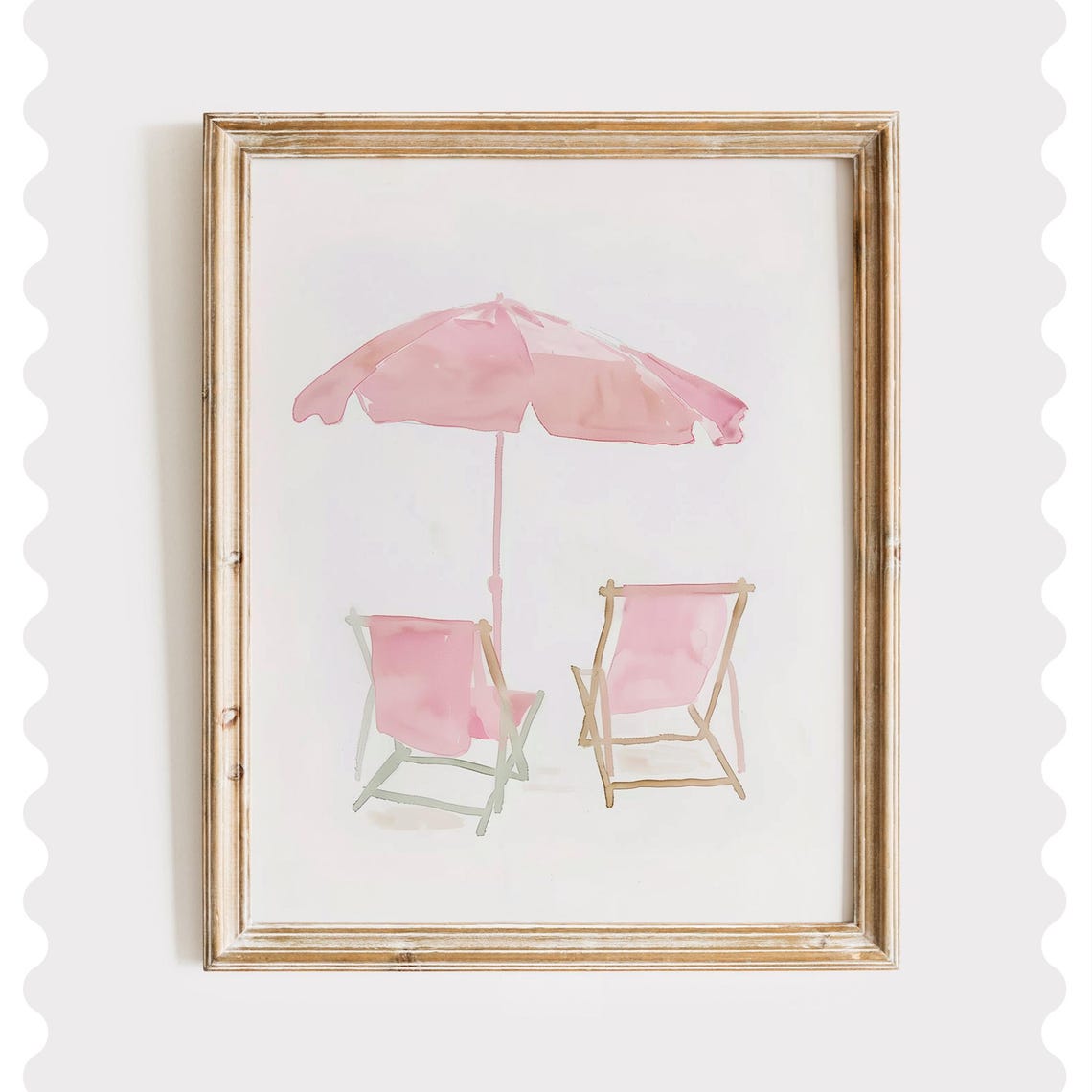 Pink Beach Chairs Umbrella Coastal Watercolor Summer Minimalist Print
