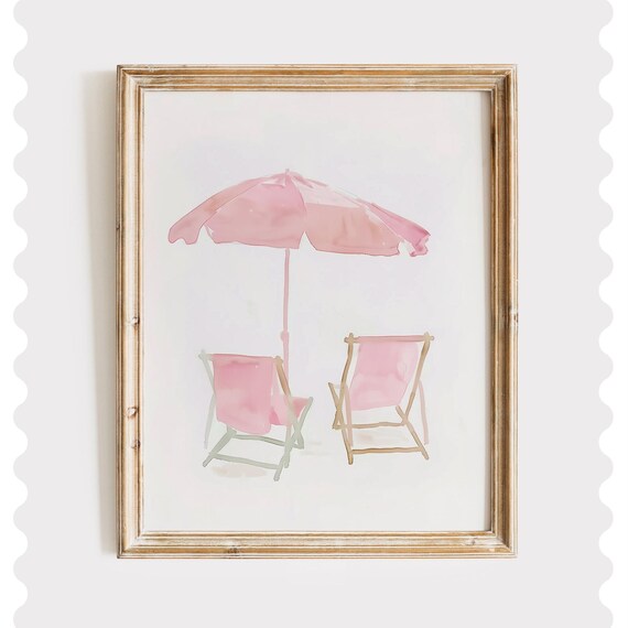 Pink Beach Chairs Umbrella Coastal Watercolor Summer Minimalist Print