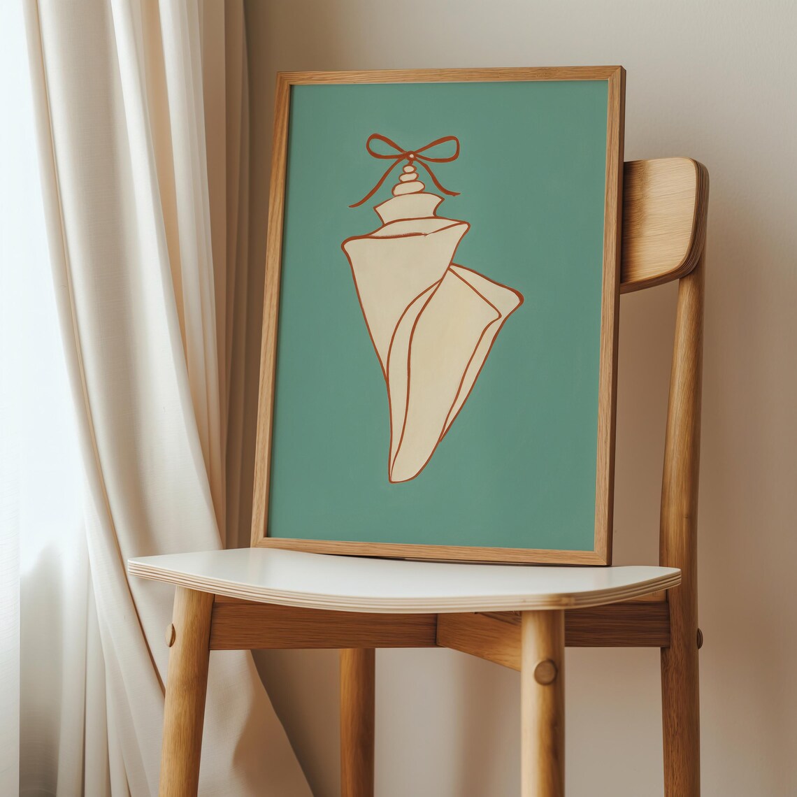 Green Coquette Seashell Bow Minimal Line Art Coastal Beach Poster