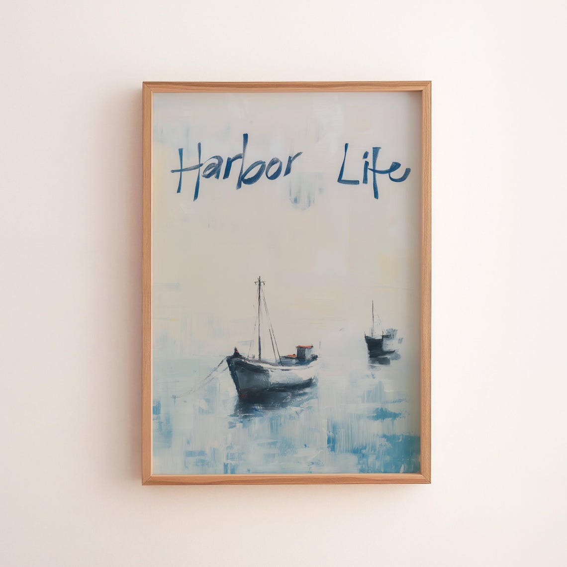 Harbor Life Misty Fishing Boats Hand Lettered Coastal Poster