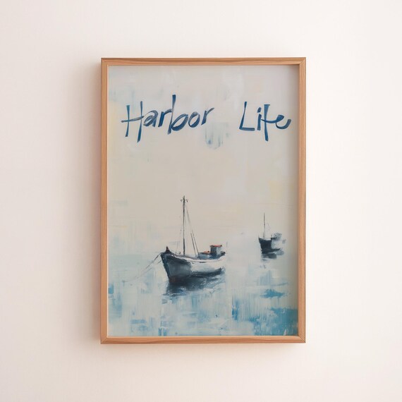Harbor Life Misty Fishing Boats Hand Lettered Coastal Poster