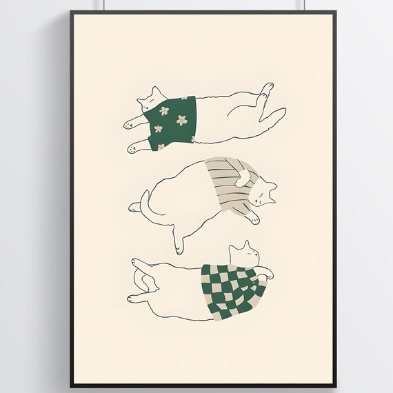 Sleeping Cats In Tiny Sweaters Minimalist Cute Cat Line Poster