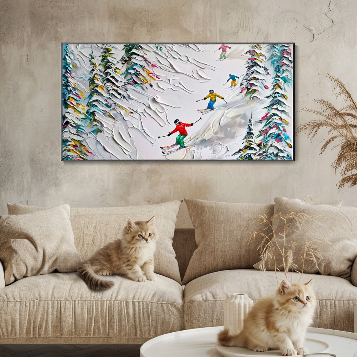 Colorful Skiers Descending Snowy Slope Textured Winter Sports Poster - Image 2