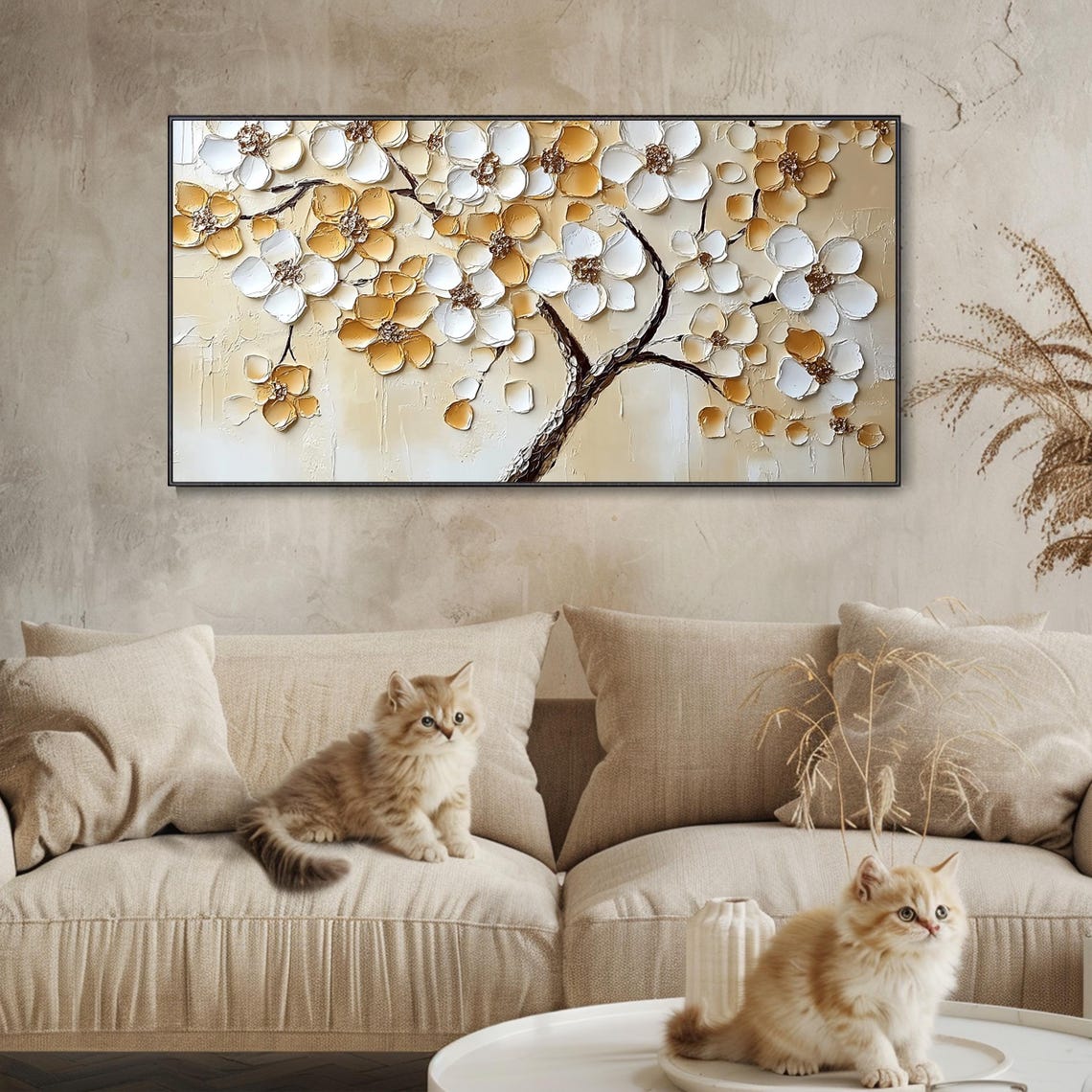 Gold And White Blossom Tree Textured Floral Painting Wide Wall Poster - Image 3