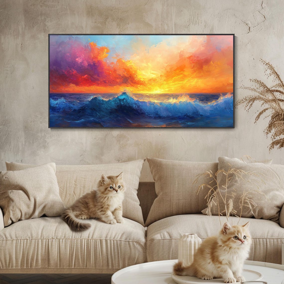 Fiery Sunset Ocean Wave Purple Orange Clouds Impasto Seascape Poster - Image 3