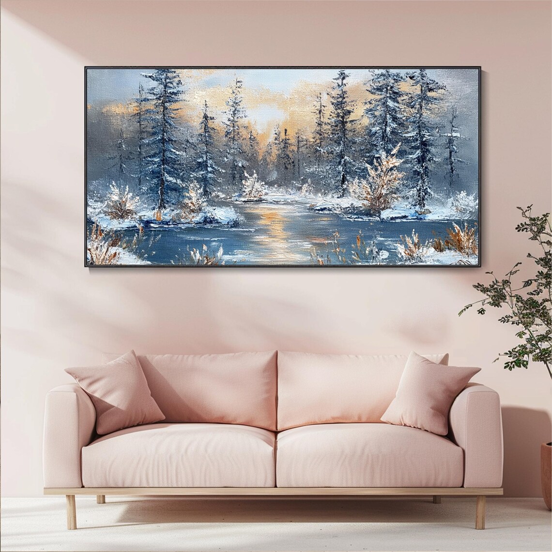 Large Long Wide Original Winter Forest Painting On Horizontal 3d Textured Wall Art Panoramic Snowy Pine Trees Wall Art Starlit Art - Image 5
