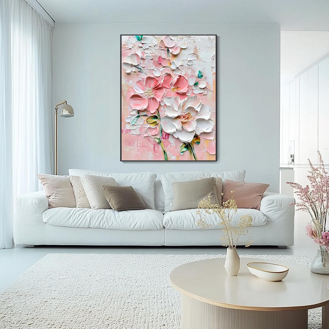 Pink and White Flowers Palette Knife Textured Floral Painting Poster - Image 4
