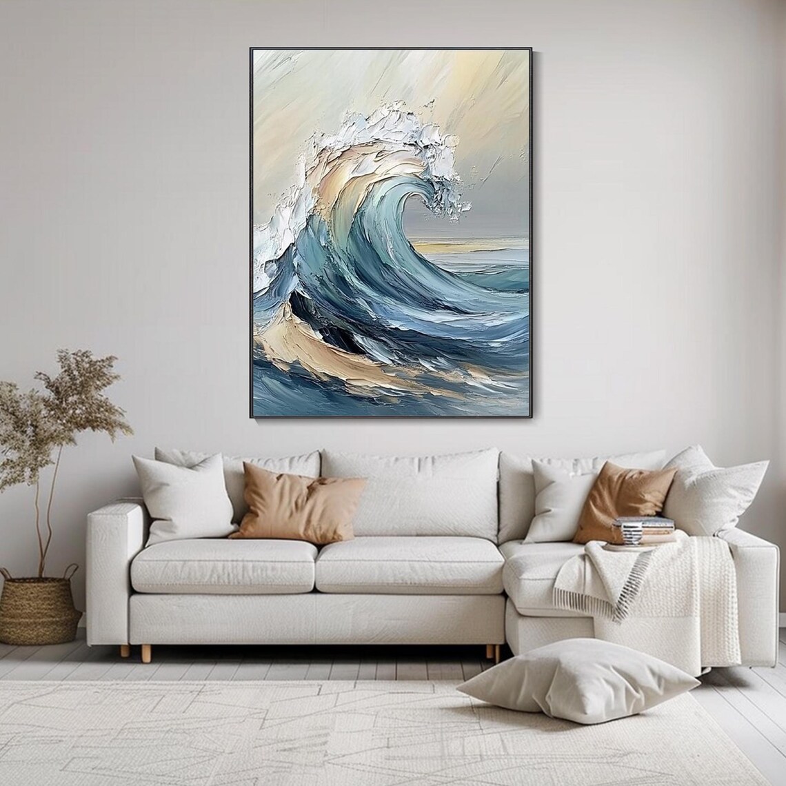 Large Curling Ocean Wave Blue Gold Textured Seascape Art Poster - Image 2