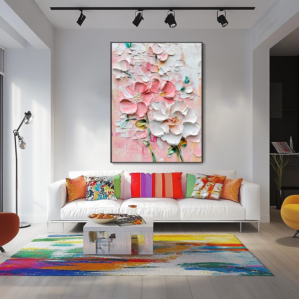 Pink and White Flowers Palette Knife Textured Floral Painting Poster - Image 5