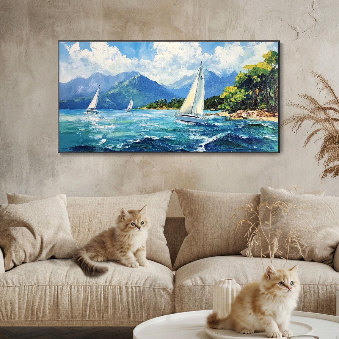 Sailboats Racing on Turquoise Sea Mountains Coastal Painting Poster - Image 4
