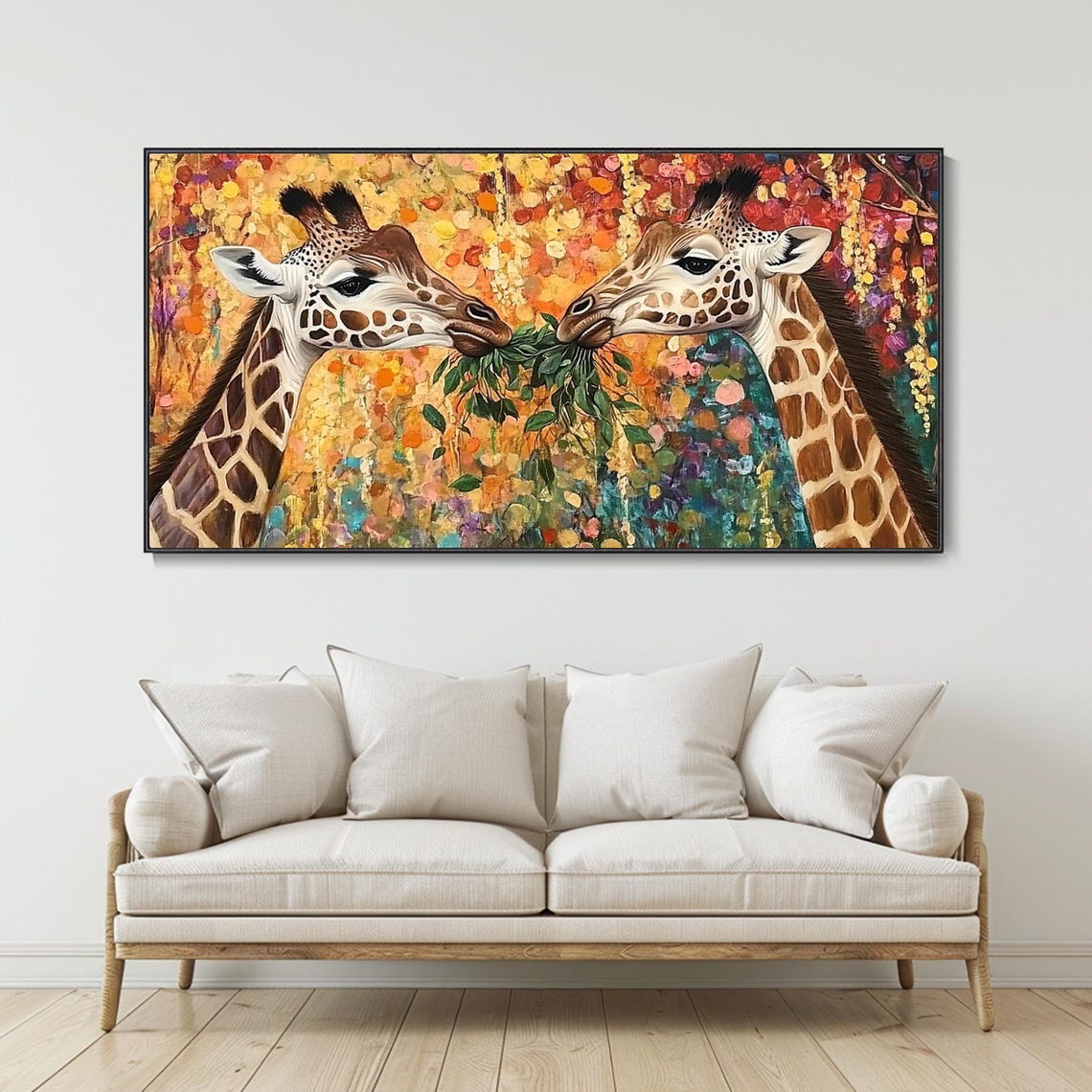 Two Giraffes Sharing Leaves Colorful Floral Wildlife Impasto Poster - Image 3