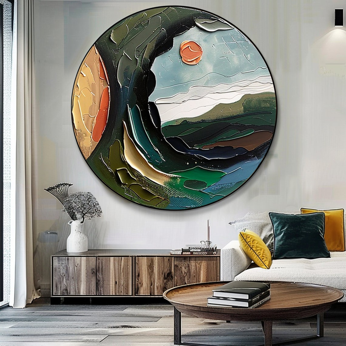Round Abstract Mountain Sunset Sculpted Texture Circular Wall Art - Image 4