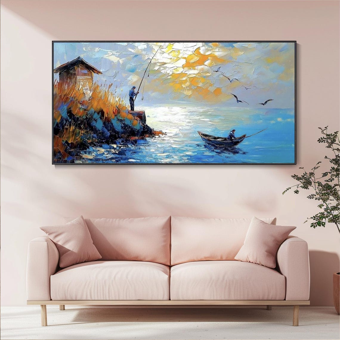 Blue Ocean Sunset Textured Wall Art Painting Fishing Enthusiasts Collectibles On Seagulls Sailboat Landscape Painting Living Room - Image 5