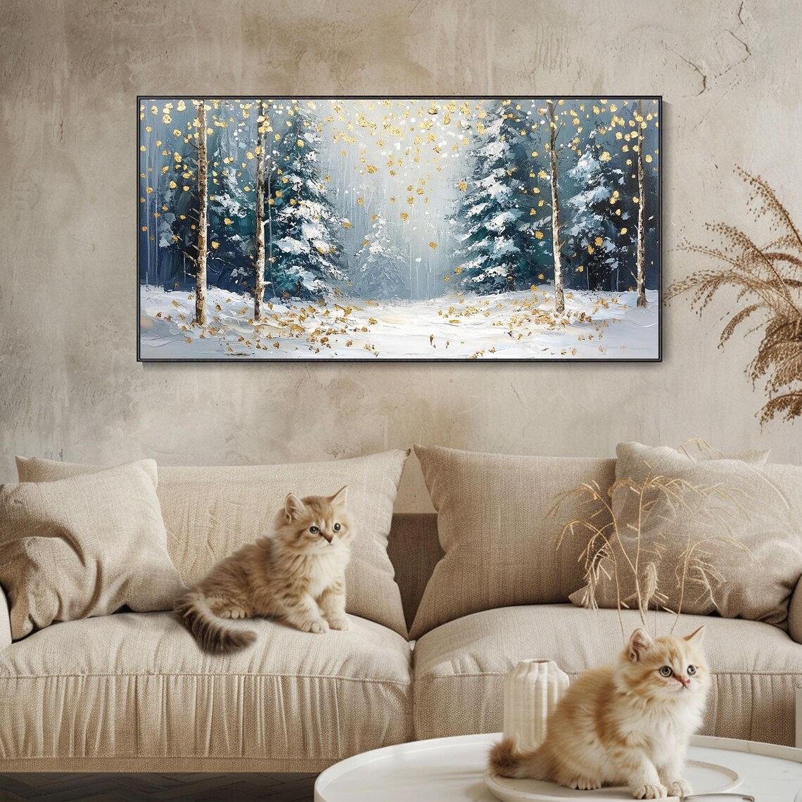Horizontal 3d Textured Wall Art Large Long Wide Original Winter Forest Painting On Panoramic Snowy Pine Trees Wall Art Starlit Art - Image 3