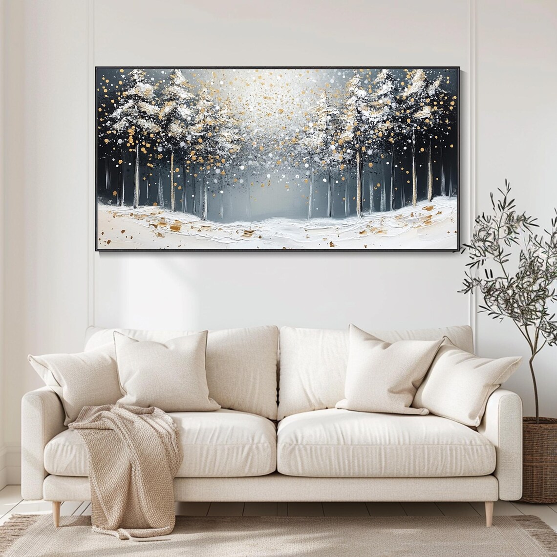Large Long Wide Original Winter Forest Painting On Horizontal 3d Textured Wall Art Panoramic Forest Trees Wall Art Starlit Art - Image 3