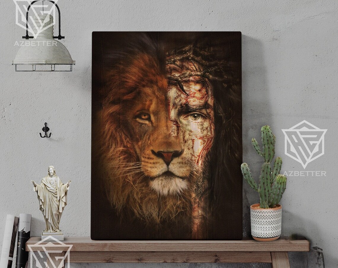 Half Lion Half Jesus Face Crown of Thorns Perfect Union Christian Poster