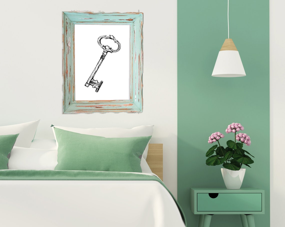 Vintage Antique Skeleton Key Ornate Ink Drawing Decor Wall Art