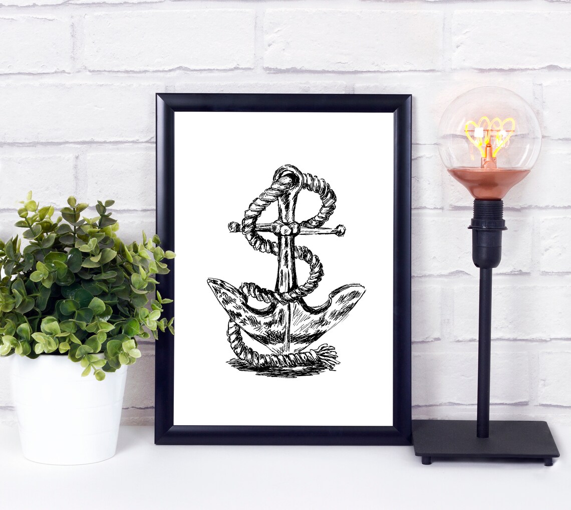 Vintage Antique Anchor Rope Sketch Nautical Coastal Wall Art