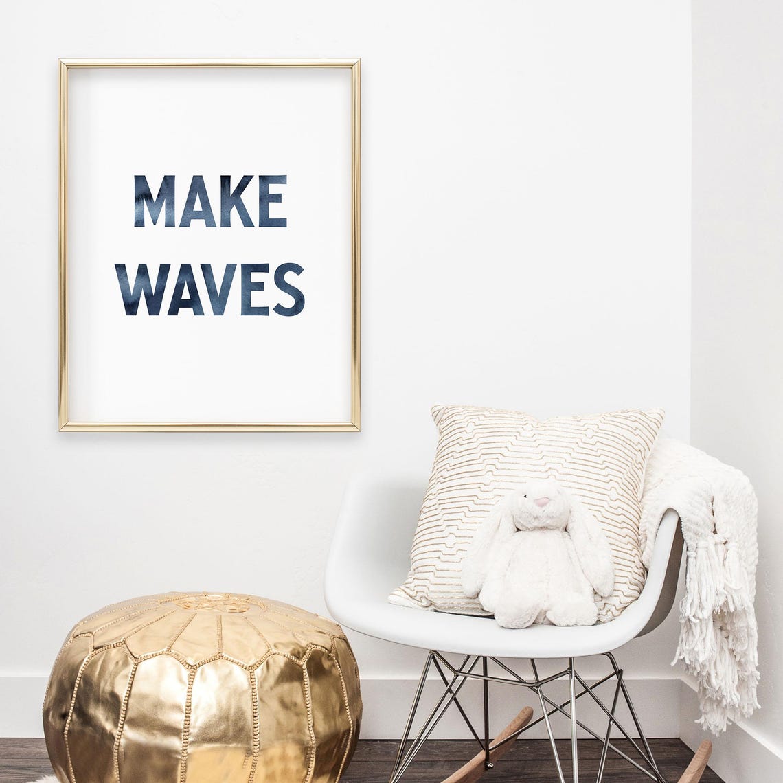 Make Waves Navy Watercolor Block Letters Coastal Quote Sign Poster - Image 3
