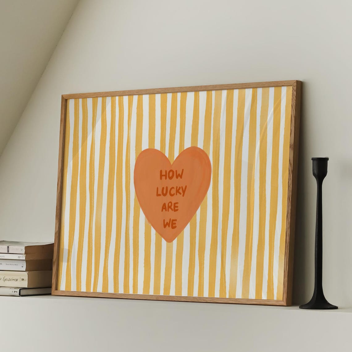 How Lucky Are We Orange Heart Yellow Striped Retro Art Poster