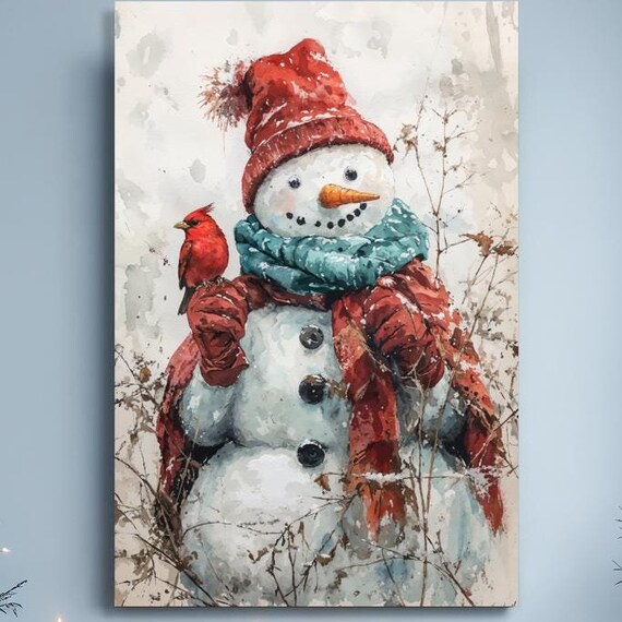 Watercolor Snowman With Red Cardinal Bird Winter Christmas Wall Art