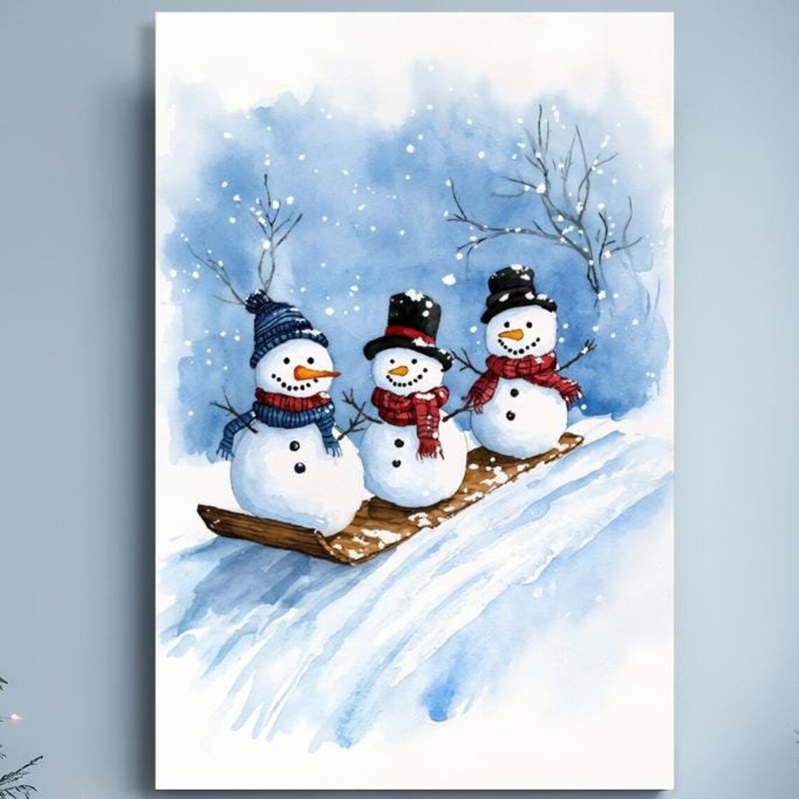 Cheerful Snowmen Trio Sledding Watercolor Winter Holiday Poster