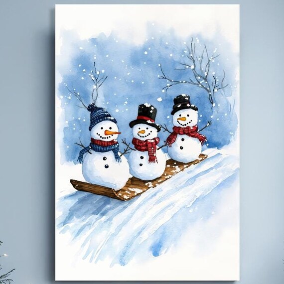 Cheerful Snowmen Trio Sledding Watercolor Winter Holiday Poster