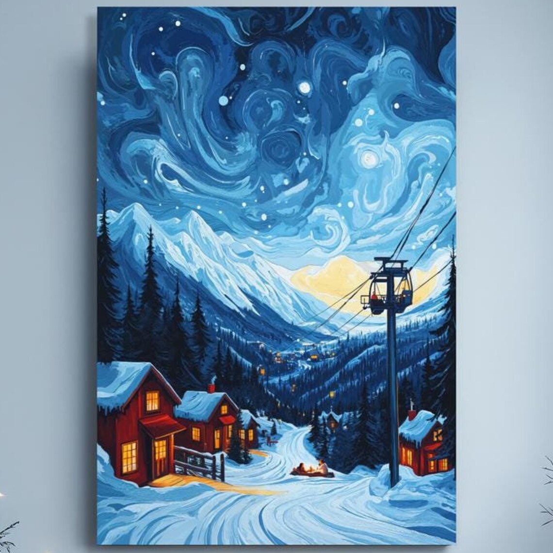 Starry Night Snowy Ski Village Gondola Winter Mountain Art Poster