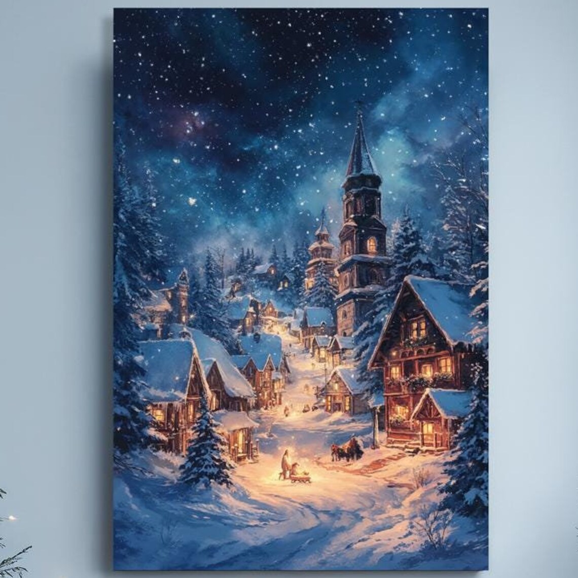 Snowy Village Church Tower Under a Starry Night Sky Winter Poster