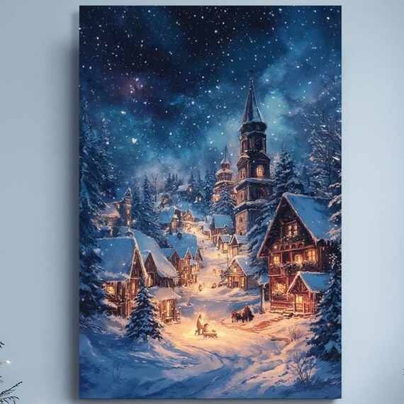 Snowy Village Church Tower Under a Starry Night Sky Winter Poster