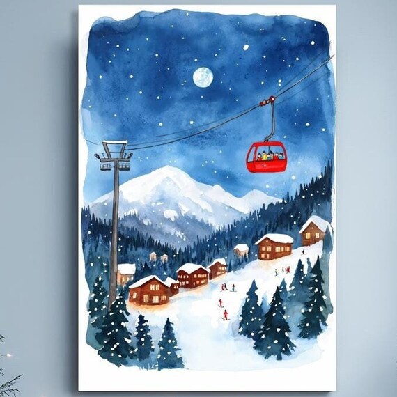 Ski Resort Night Gondola with Moon and Skiers Watercolor Poster