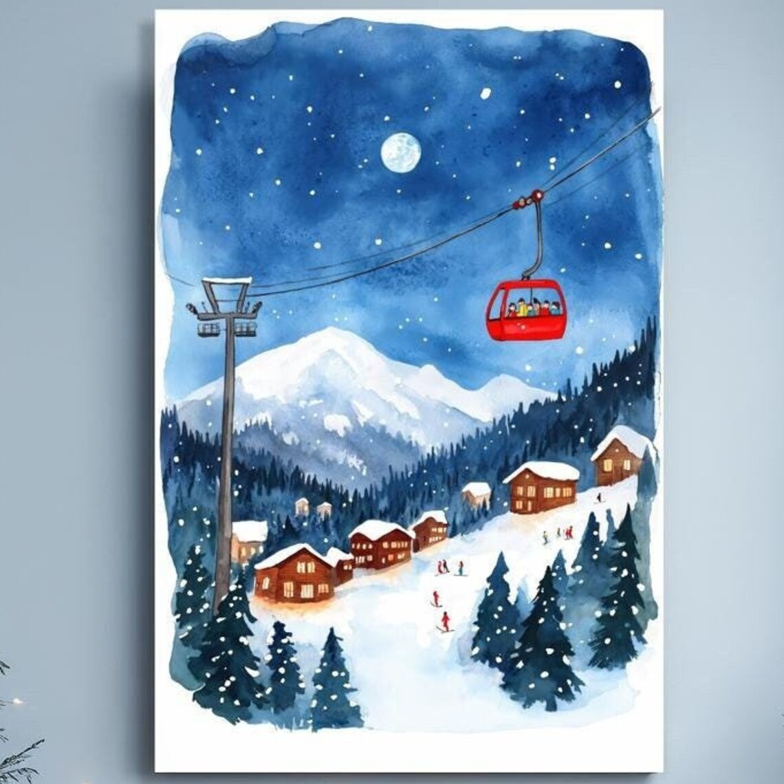 Ski Resort Night Gondola with Moon and Skiers Watercolor Poster