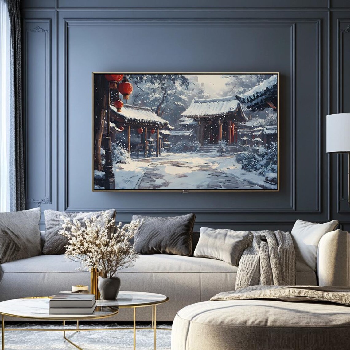 Snowy Temple Courtyard with Red Lanterns Japanese Winter Poster - Image 2
