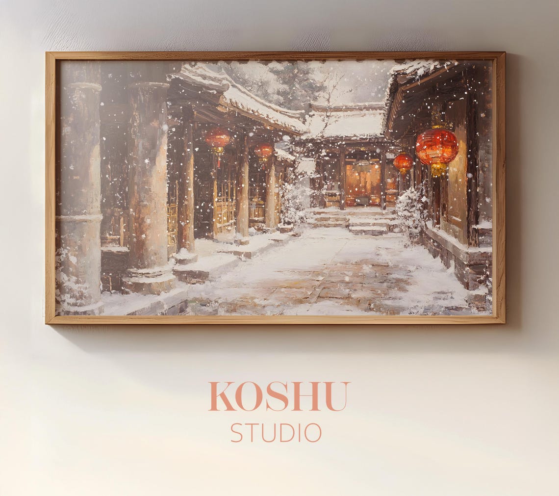 Temple Courtyard with Glowing Red Lanterns in Falling Snow Poster
