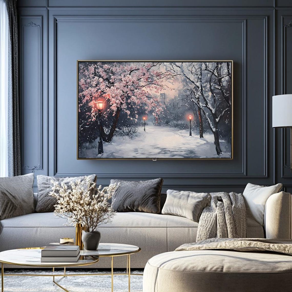 Cherry Blossoms and Lanterns on a Snowy Night Japanese Poster - Image 2