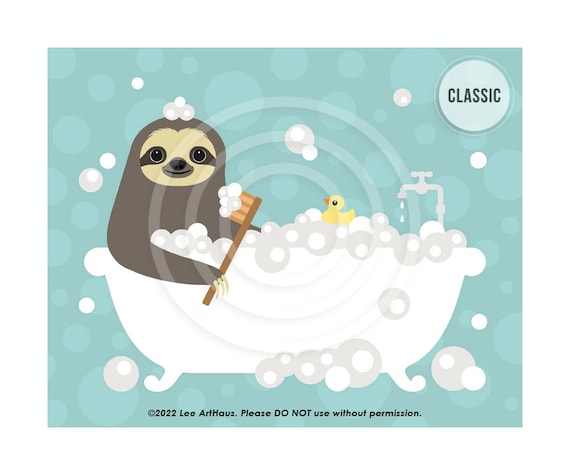 Cute Sloth Bubble Bath Scrub Brush Rubber Duck Teal Bathroom Decor Poster