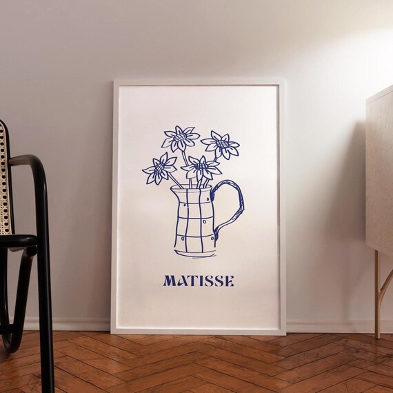 Matisse Flower Print Exhibition Posters Blue Boho Flower Art Living Room Decor Line Drawing Wall Art Vintage Prints Print