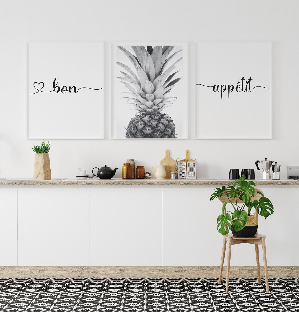 Bon Appetit Pineapple Photo 3 Piece Kitchen Typography Wall Art