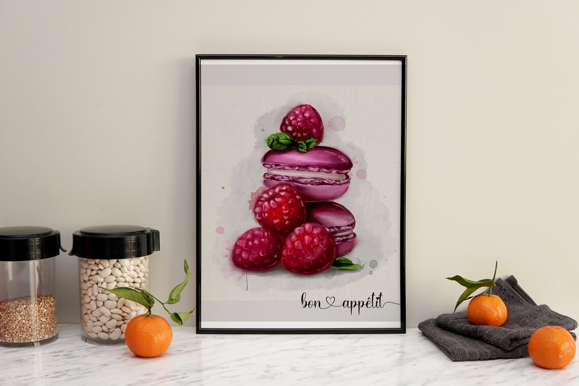 Bon Appetit French Macaron Raspberry Watercolor Kitchen Wall Art