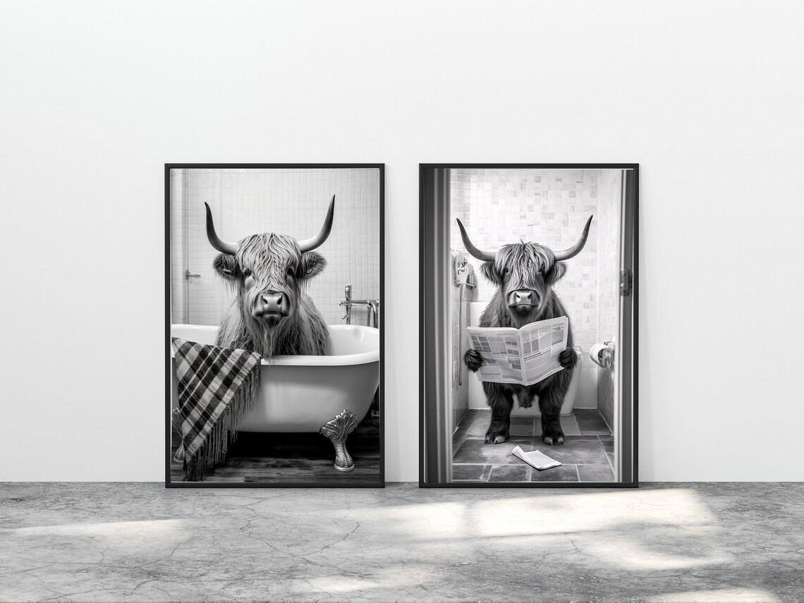 Highland Cow Bathroom Prints Pair, Funny Wall Art Print